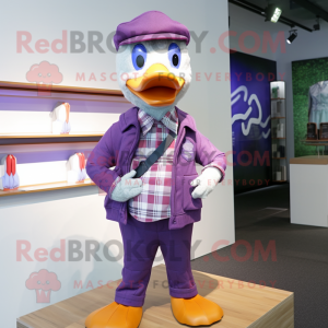 Purple Geese mascot costume character dressed with a Button-Up Shirt and Scarves