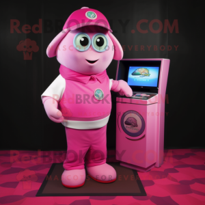 Pink Gyro mascot costume character dressed with a Polo Shirt and Wallets