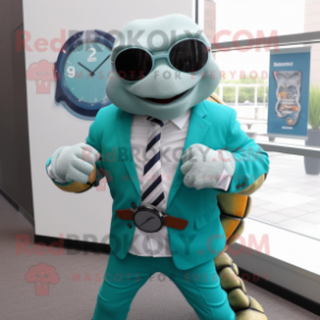 Teal Turtle mascot costume character dressed with a Suit Jacket and Bracelet watches