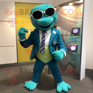 Teal Turtle mascot costume character dressed with a Suit Jacket and Bracelet watches