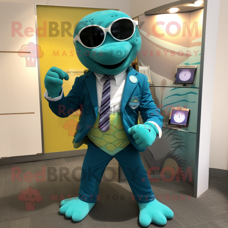 Teal Turtle mascot costume character dressed with a Suit Jacket and Bracelet watches