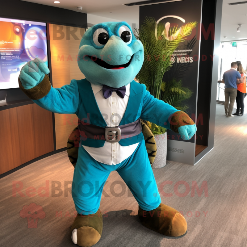 Teal Turtle mascot costume character dressed with a Suit Jacket and Bracelet watches