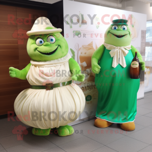 Cream Green Beer mascot costume character dressed with a Ball Gown and Messenger bags