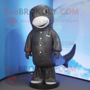 Black Beluga Whale mascot costume character dressed with a Raincoat and Belts