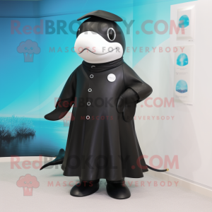 Black Beluga Whale mascot costume character dressed with a Raincoat and Belts