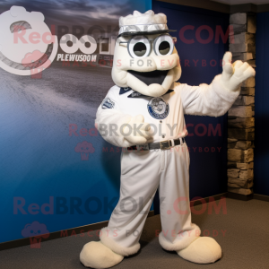 White Momentum mascot costume character dressed with a Button-Up Shirt and Earrings