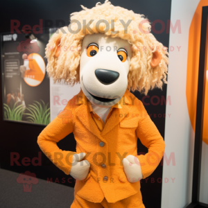 Orange Merino Sheep mascot costume character dressed with a Blazer and Hair clips