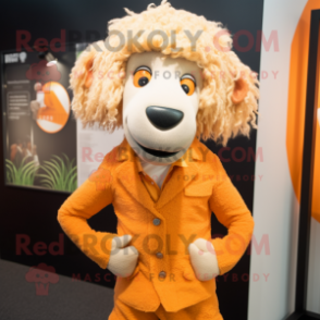 Orange Merino Sheep mascot costume character dressed with a Blazer and Hair clips