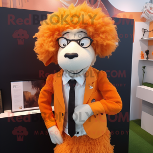 Orange Merino Sheep mascot costume character dressed with a Blazer and Hair clips