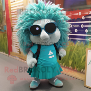 Teal Porcupine mascot costume character dressed with a Skirt and Eyeglasses