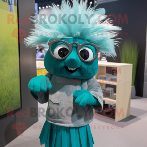 Teal Porcupine mascot costume character dressed with a Skirt and Eyeglasses