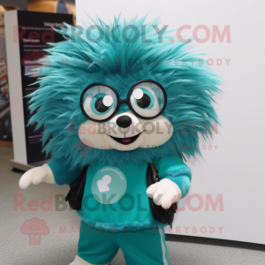 Teal Porcupine mascot costume character dressed with a Skirt and Eyeglasses