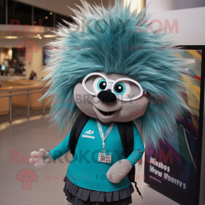 Teal Porcupine mascot costume character dressed with a Skirt and Eyeglasses