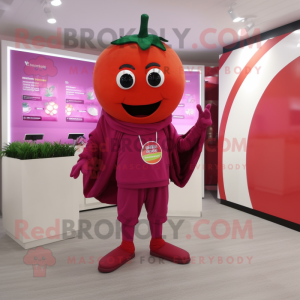 Magenta Tomato mascot costume character dressed with a Jumpsuit and Scarves