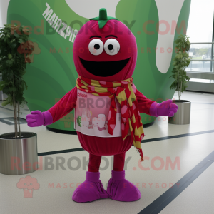 Magenta Tomato mascot costume character dressed with a Jumpsuit and Scarves