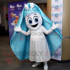 Cyan Clam Chowder mascot costume character dressed with a Shift Dress and Wraps
