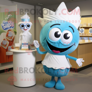 Cyan Clam Chowder mascot costume character dressed with a Shift Dress and Wraps