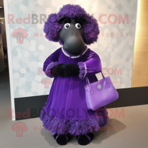 Purple Suffolk Sheep mascot costume character dressed with a Evening Gown and Clutch bags