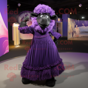 Purple Suffolk Sheep mascot costume character dressed with a Evening Gown and Clutch bags