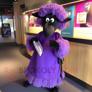 Purple Suffolk Sheep mascot costume character dressed with a Evening Gown and Clutch bags