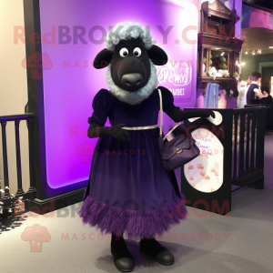 Purple Suffolk Sheep mascot costume character dressed with a Evening Gown and Clutch bags