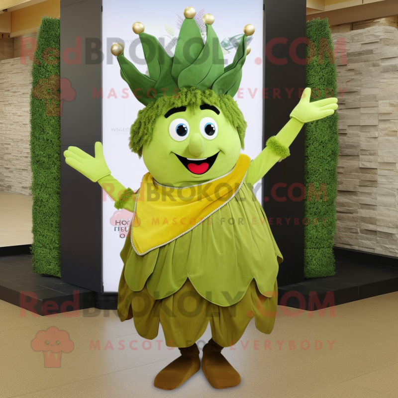Olive King mascot costume character dressed with a Dress and Hair clips Olive King mascot costume character dressed with a Dress and Hair clips