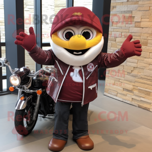 Maroon Shakshuka mascot costume character dressed with a Biker Jacket and Bow ties