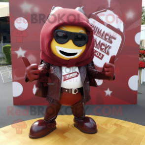 Maroon Shakshuka mascot costume character dressed with a Biker Jacket and Bow ties