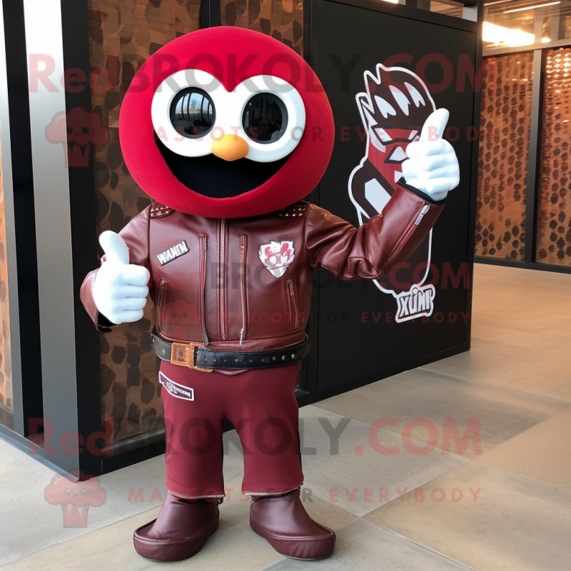 Maroon Shakshuka mascot costume character dressed with a Biker Jacket and Bow ties