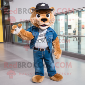 Black Mountain Lion mascot costume character dressed with a Boyfriend Jeans and Hats