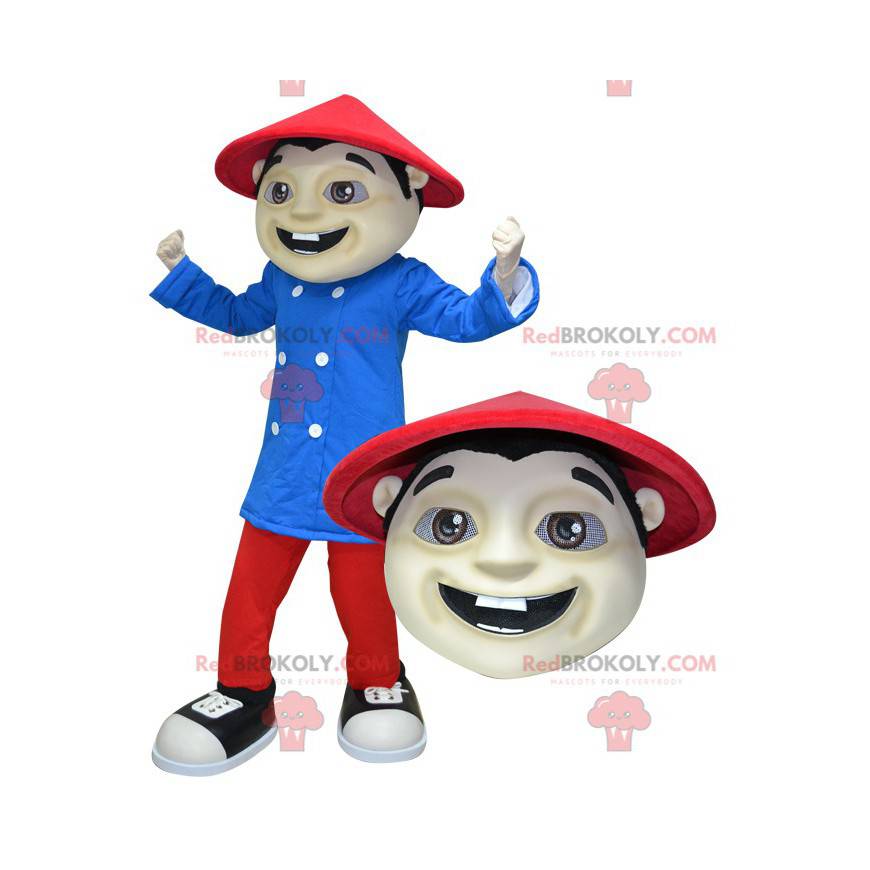 Aziatische man mascotte gekleed in rood en blauw -