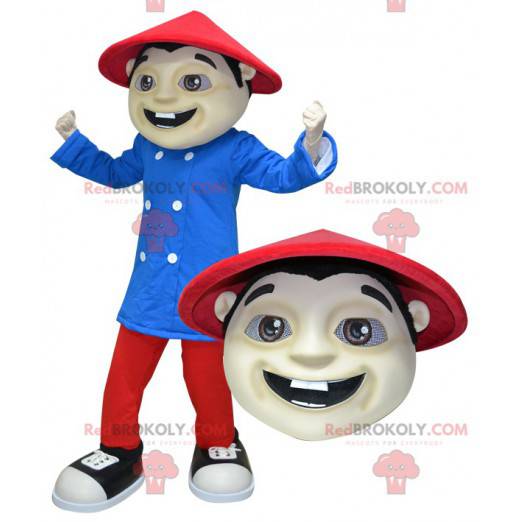 Aziatische man mascotte gekleed in rood en blauw -
