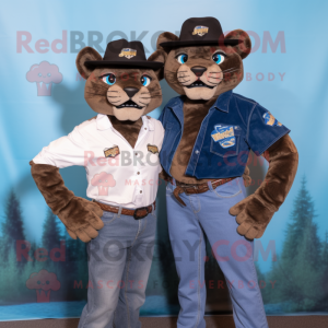 Black Mountain Lion mascot costume character dressed with a Boyfriend Jeans and Hats