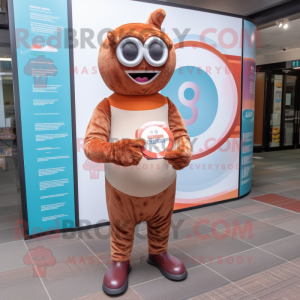 Rust Donut mascot costume character dressed with a Playsuit and Reading glasses