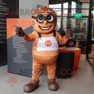 Rust Donut mascot costume character dressed with a Playsuit and Reading glasses