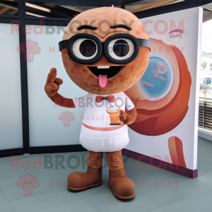 Rust Donut mascot costume character dressed with a Playsuit and Reading glasses