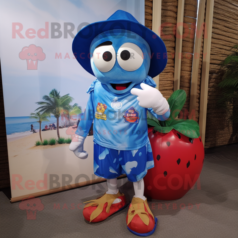 Blue Tomato mascot costume character dressed with a Board Shorts and Pocket squares Blue Tomato mascot costume character dressed with a Board Shorts and Pocket squares