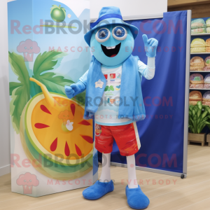 Blue Tomato mascot costume character dressed with a Board Shorts and Pocket squares