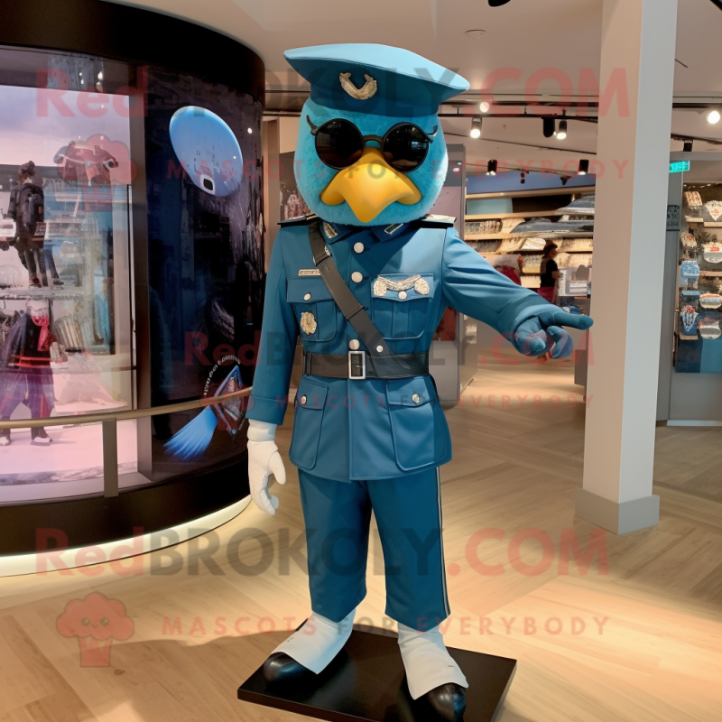 Teal Navy Soldier mascot costume character dressed with a Mini Dress and Earrings Teal Navy Soldier mascot costume character dressed with a Mini Dress and Earrings