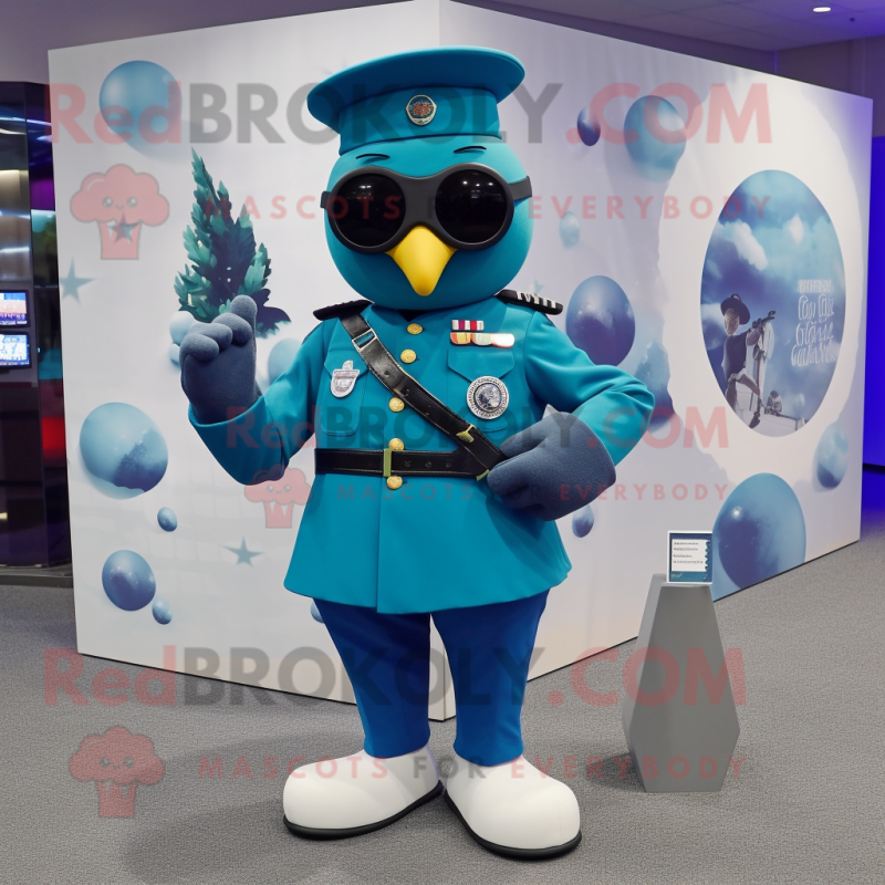 Teal Navy Soldier mascot costume character dressed with a Mini Dress and Earrings Teal Navy Soldier mascot costume character dressed with a Mini Dress and Earrings