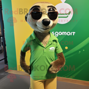 Green Meerkat mascot costume character dressed with a Board Shorts and Tie pins