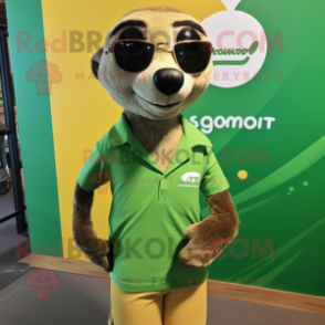 Green Meerkat mascot costume character dressed with a Board Shorts and Tie pins