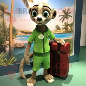 Green Meerkat mascot costume character dressed with a Board Shorts and Tie pins