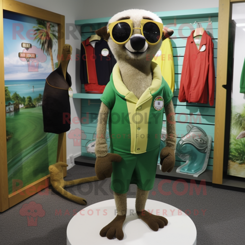 Green Meerkat mascot costume character dressed with a Board Shorts and Tie pins