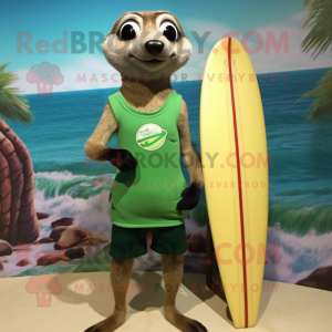 Green Meerkat mascot costume character dressed with a Board Shorts and Tie pins