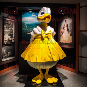 Yellow Geese mascot costume character dressed with a Dress and Bow ties