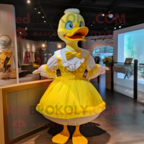 Yellow Geese mascot costume character dressed with a Dress and Bow ties