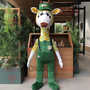 Forest Green Giraffe mascot costume character dressed with a Overalls and Pocket squares