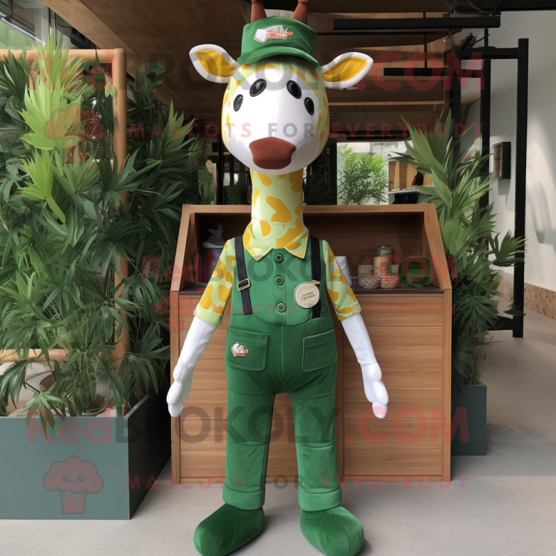 Forest Green Giraffe mascot costume character dressed with a Overalls and Pocket squares Forest Green Giraffe mascot costume character dressed with a Overalls and Pocket squares