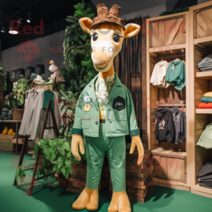 Forest Green Giraffe mascot costume character dressed with a Overalls and Pocket squares